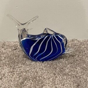 Glass Dolphin Cobalt Blue White Stripes Nautical Collectible Paper Weight Decor